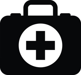 Simple black and white illustration of a first aid kit representing medical emergency care for healthcare and medical related topics.