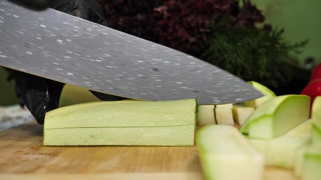 Cutting Zucchini into Batons with Kitchen Knife