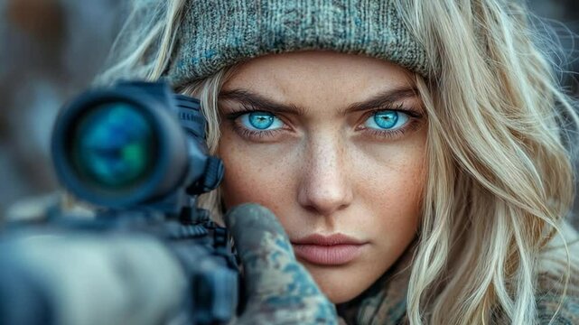 Woman Hunter Rifle Winter Forest Aiming.