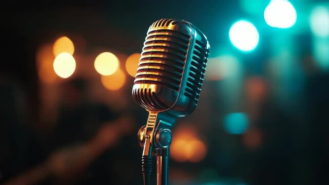 Vintage microphone in sharp focus with blurred warm and cool stage lights in background, symbolizing live music and entertainment energy