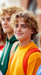 Smiling Teenagers Enjoy Time Together Outside Their School, Showcasing Friendship and Youthful Exuberance During a Sunny Day