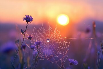 A spiderweb glistening with dew drops, framed by wildflowers during a vibrant sunrise or sunset.