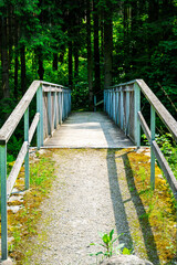 Wood and tell Bridges over the Mitternacher Ohe River in the bavarian Forests Germany.