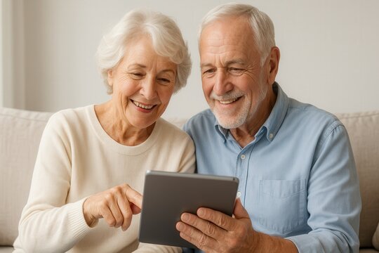 Smiling senior couple using a digital tablet together at home. Concept of aging, digital inclusion, online banking, news reading, and active lifestyle for older adults