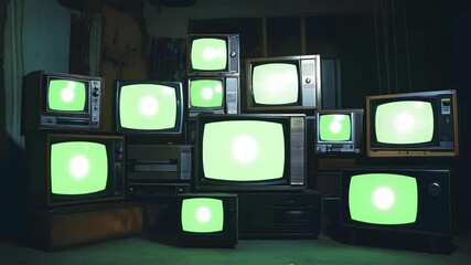 Collection of vintage televisions with green screens arranged in a dark room, showcasing retro technology and nostalgic ambiance - Powered by Adobe