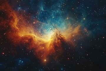 Naklejka premium A breathtaking cosmic vista featuring swirling nebulae in vibrant hues of orange, blue, and gold, amidst a field of twinkling stars.