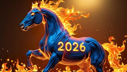 Blue burning 3d horse with golden fiery mane, fire horse symbol of new year 2026