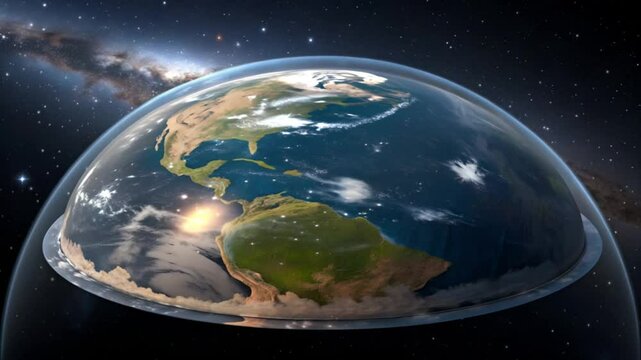 Flat earth model showing continents floating in galaxy with sunlight