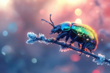 Naklejka premium A radiant jewel beetle delicately perched on a frosted branch, bathed in soft bokeh lights.
