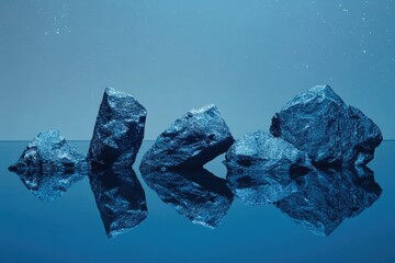 Rocks mirroring in water under a starry, soft blue sky create a serene and minimalist, almost abstract, landscape.