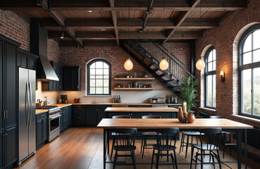 Stylish spacious industrial loft kitchen interior with modern black cabinets, wooden table, chairs, brick walls. Contemporary apartment design with elegant vintage decor, steel stairs. Open space