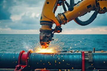 Offshore construction: A robotic arm welds a pipeline, showering sparks against a backdrop of the ocean and cloudy sky, showcasing engineering.