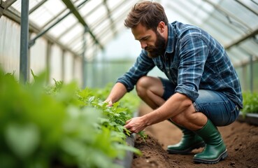 Fototapeta premium Farmer, man in greenhouse tending green plants. Male gardener working soil, gardening. Agriculture, farming eco concept. Sustainable business, organic produce, healthy eating.