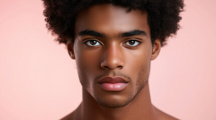Portrait of a young male afro american model, age 25, attractive man, publicity poster for skin care. Copy space available. pink background.