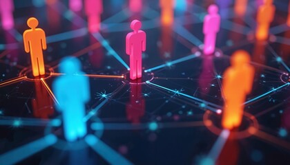 Abstract digital illustration human figures connected lines, representing social media networks, online communities, digital interactions. People, communication, networking, sharing information on
