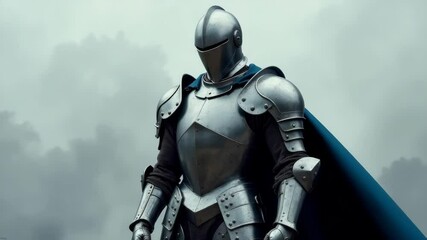 Medieval knight in full silver armor with a cape, realistic style, cloudy moody sky background, concept of heroism and medieval warfare - Powered by Adobe