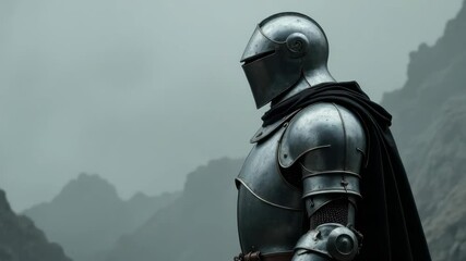 Knight in shining armor with black cape standing in profile on a foggy mountain background, concept of bravery and medieval heroism