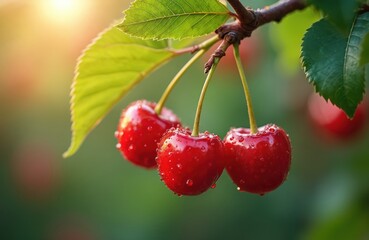 Close-up image of three ripe cherries hanging from branch. Red shiny fruit with water drops, green leaves, sun. Delicious fresh food, natural product for juice. Summer harvest in garden.