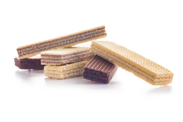 Sweet wafers filled with chocolate and vanilla cream isolated on white background.
