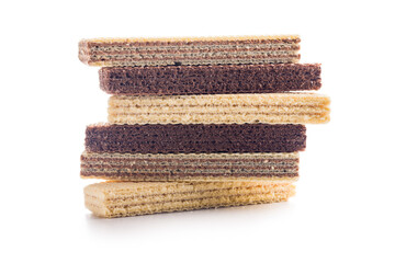 Sweet wafers filled with chocolate and vanilla cream isolated on white background.