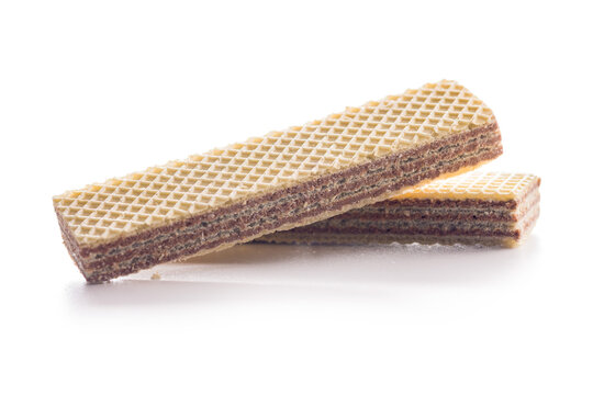 Sweet wafers filled with chocolate cream isolated on white background.