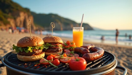 Beach barbecue with burgers sausages tomato slices and glass of juice on a grill. Sunset party on the ocean beach with family friends. Vacation fun concept.