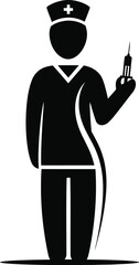 Silhouette illustration of a healthcare professional nurse holding a syringe symbolizing vaccination and medical treatment procedures for promoting health
