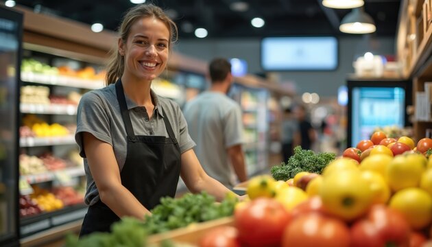 Smiling grocery store cashier wearing apron looks at camera in supermarket. Young female employee working, ready to assist clients. Fruit, vegetables on foreground, customer shopping in background. - Powered by Adobe