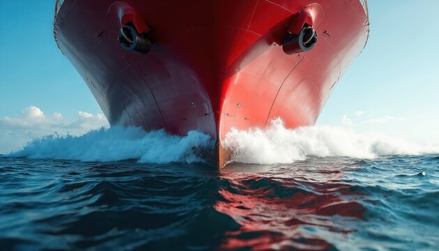 Large red ship sails through ocean waves. Transportation vessel cuts through blue water, creates splash. Maritime industry, travel, navigation concept, day time sunny sky.