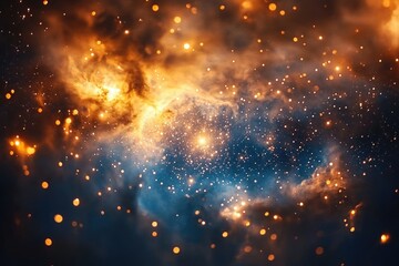 Fototapeta premium A breathtaking cosmic vista featuring vibrant orange and blue nebulas speckled with bright stars, evoking wonder and the vastness of space.