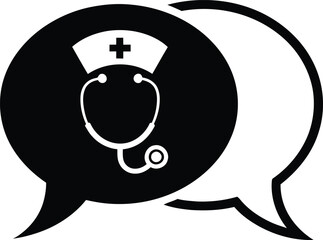 Healthcare communication concept depicting medical consultation and support with nurse symbol and stethoscope design presented in a speech bubble illustration