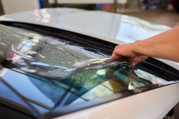 The Professional Windshield Tinting Process Conducted in a Modern Auto Showroom Environment