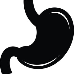 A clean black silhouette of the human stomach anatomical illustration showing the digestive organ in detailed design