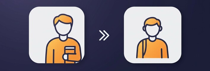 Two student icons showing a transformation with an arrow in the middle on a dark blue background