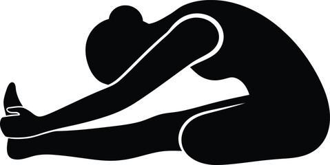 Black and white illustration of a person performing the paschimottanasana yoga pose demonstrating flexibility and stretching for health and wellness