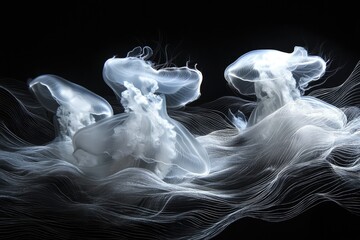 Graceful moon jellyfish float serenely in dark waters, their ethereal glow creating a captivating underwater ballet.