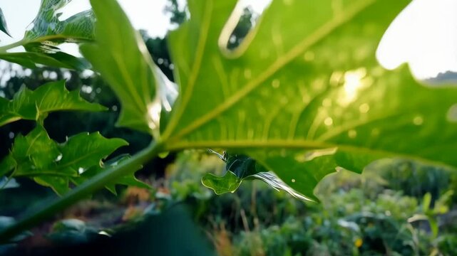 Sunlit scenery featuring vibrant green leaves with distinctive, pointed lobes against a blurred backdrop of lush vegetation and soft, warm sunlight.