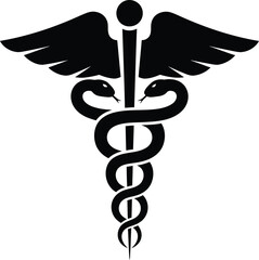 Caduceus symbol in silhouette represents medicine and healthcare with serpentine snakes and wings a classic emblem