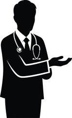 Silhouette illustration of a medical doctor offering gesture with stethoscope and formal attire on white background ideal for healthcare or medical themed designs