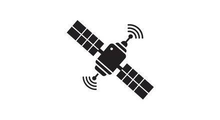 A black and white illustration of a satellite with solar panels and antenna on a white background