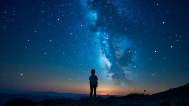 A child stands gazing at the starry night sky with the Milky Way visible, captured in a natural photo style, against a twilight mountain backdrop