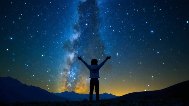 Silhouette of a child with open arms stargazing at the Milky Way in a night sky over mountain landscape, concept of wonder and exploration