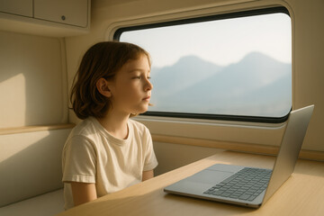 A 9-year-old child is sitting at a laptop in a travel van with a view of the mountains. Children of digital nomads. mobile education