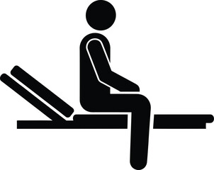 Stylized black and white illustration of a patient sitting on an examination couch depicting rest and medical care iconography