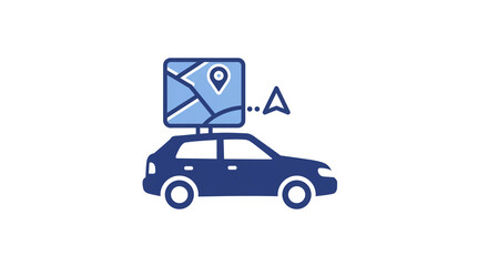 A blue car with a map on top pointing to a destination with an arrow on a white background