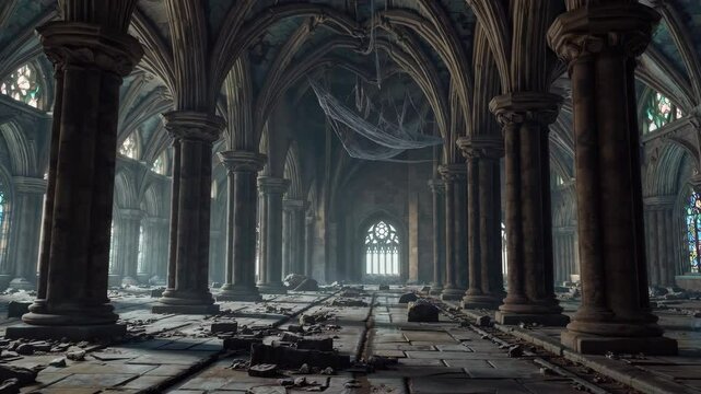 Interior environment, dilapidated hall, dark and decayed, eerie atmosphere