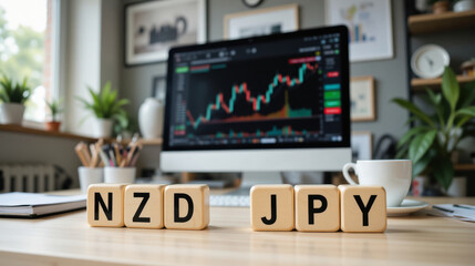 NZD JPY currency pair showing the exchange rate between New Zealand Dollar and Japanese Yen in forex trading with copy space