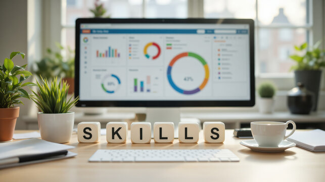 Skills for job success including professional abilities, qualifications, and personal strengths essential for employment and career growth with copy space