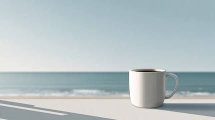Obraz premium White ceramic mug perched on wooden balcony railing, capturing serene sunrise ocean panorama with soft golden light and peaceful coastal horizon