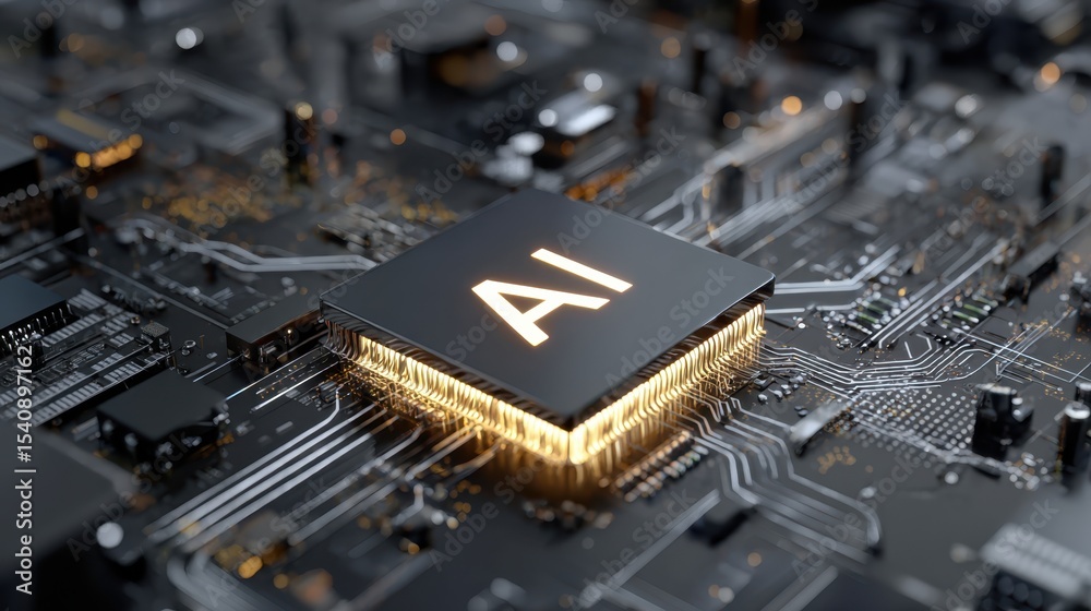 Poster glowing artificial intelligence chip embedded in a circuit board, symbolizing advanced computing, ma